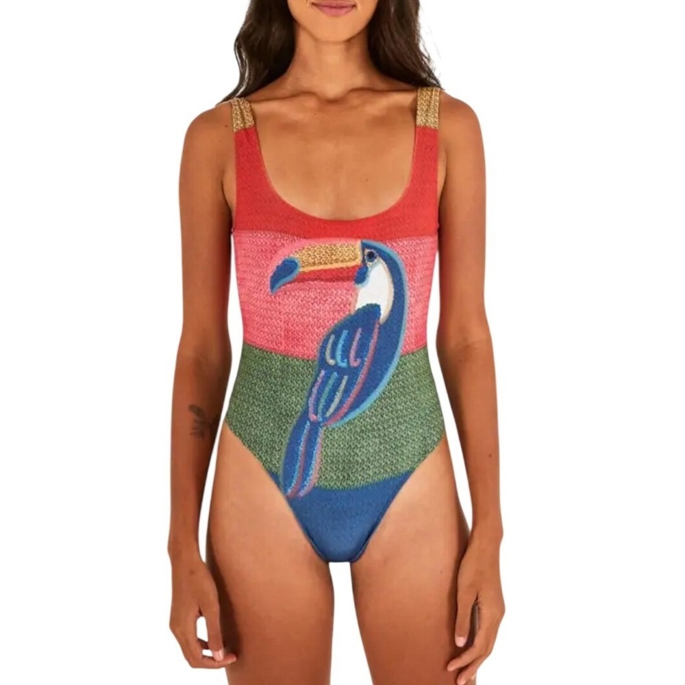 Farm Rio NWT SZ LGE Wonderful Toucans One Piece Swimsuit  Multicolor Embroidered